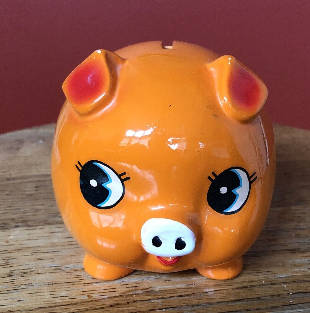 Vintage 70s Japan Orange Kitschy Big Eyed Chubby Piggy Bank  With Rubber Stopper
