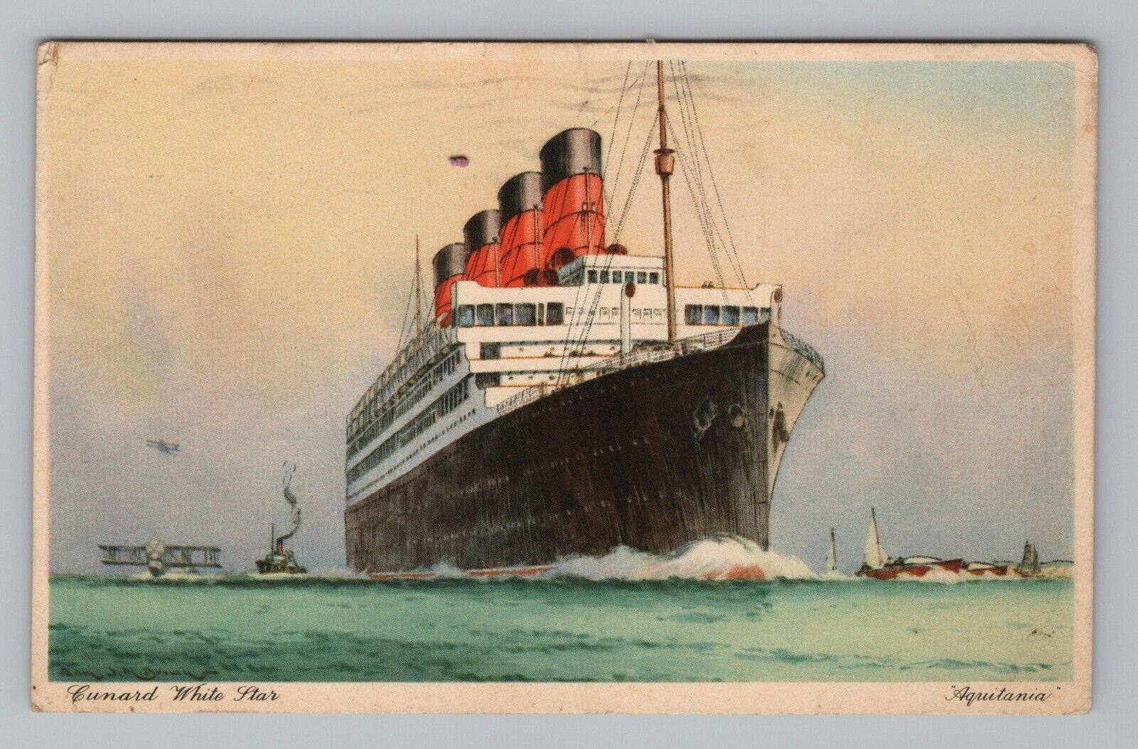 Postcard Steamer Ship SS Aquitania Cunard White Star Line Boats Ocean View c1940