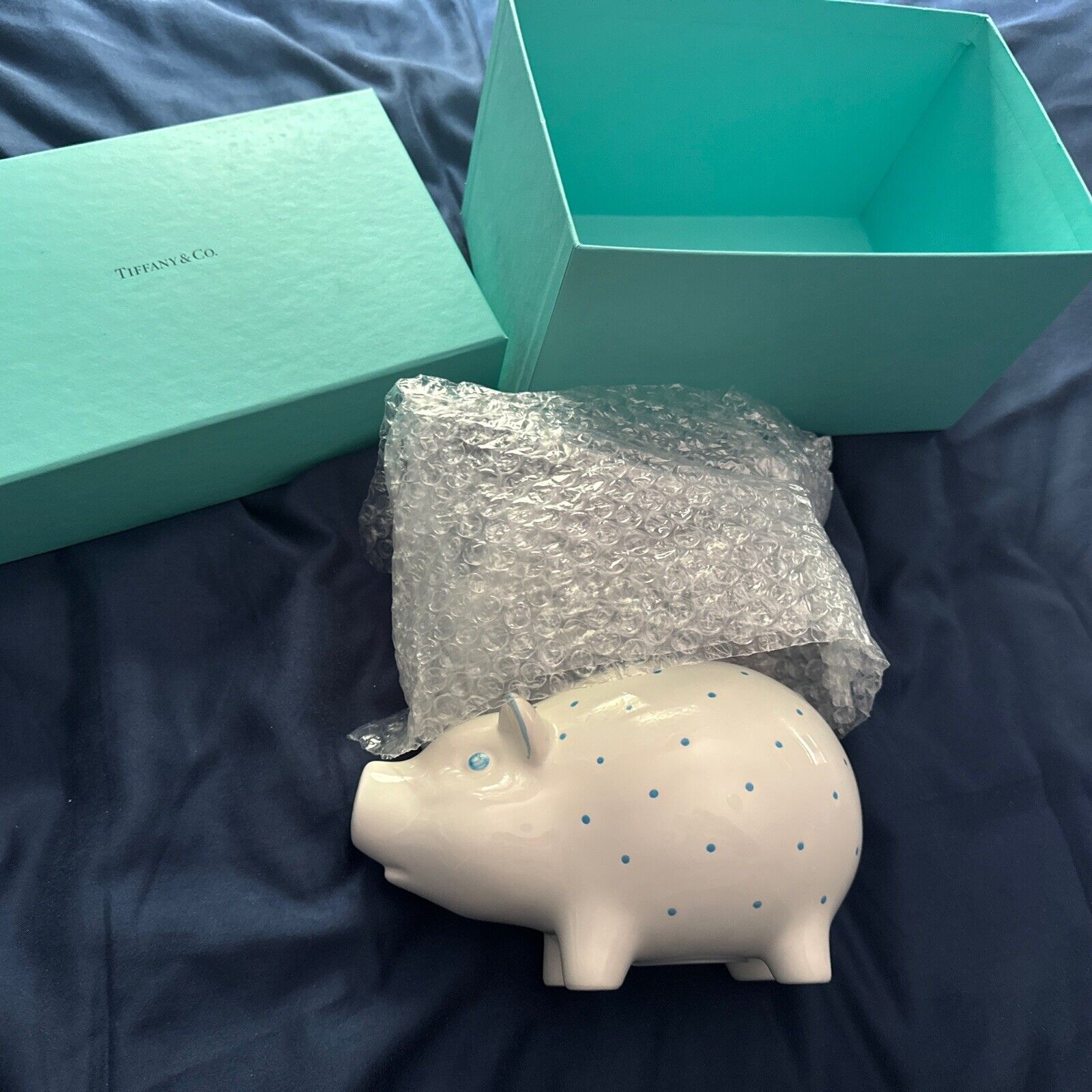 Tiffany & Co Ceramic Piggy Bank White With Blue Dots Baby Gift NEW in Box