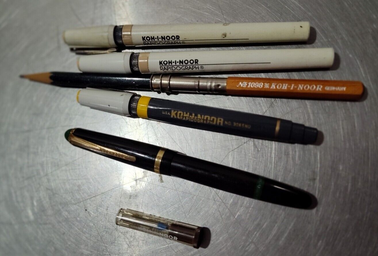Vintage Koh-I-Noor Rapidograph Pen Lot And Pencil Extender As Is