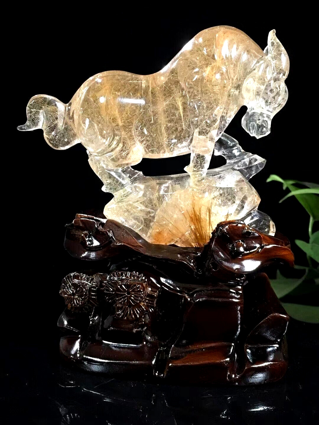 2.42LB TOP  Natural Hair crystal quartz carved crystal bull Decoration+stand