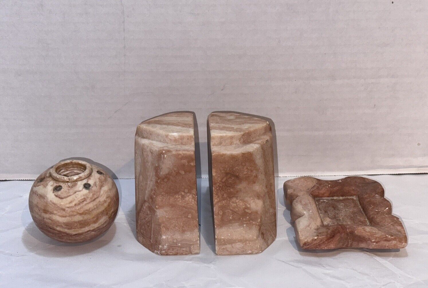 Vtg Polished Stone Bookends Candle Incense Holder Ashtray Set Banded Onyx Marble