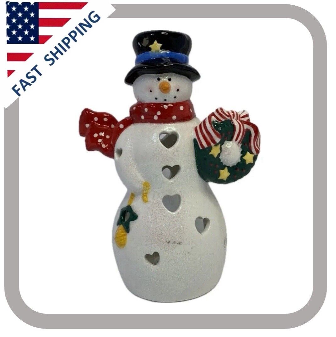 Hallmark Tealight Candle Holder Snowman With Wreath, Glitter