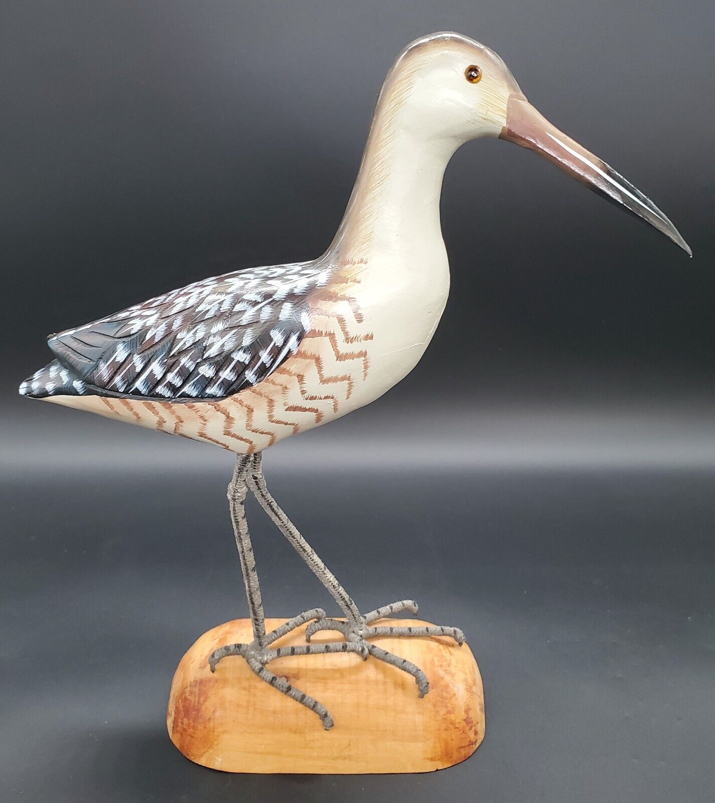 Painted & Sculptured Wood 12” Tall Shore Bird, Cord Feet on a Wood Base. G358G