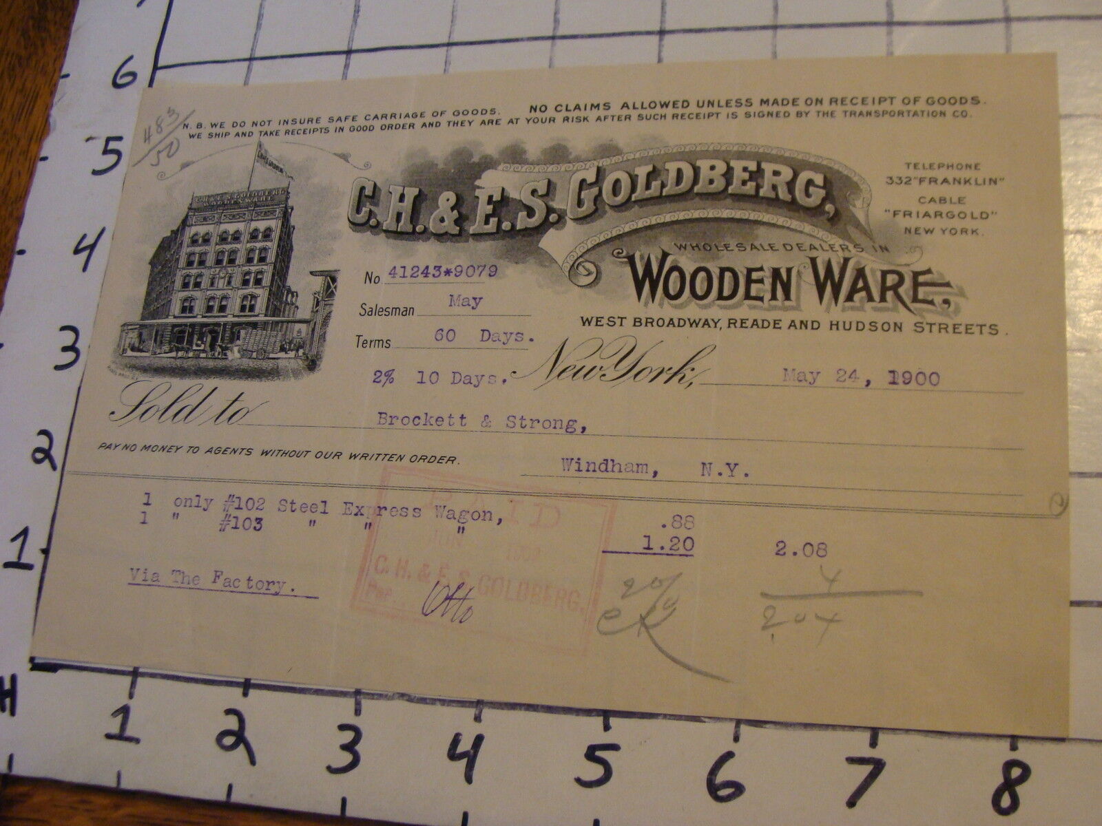 Vintage Original billhead: 1900 C.H. & E.S. GOLDBERG Wooden Ware NY