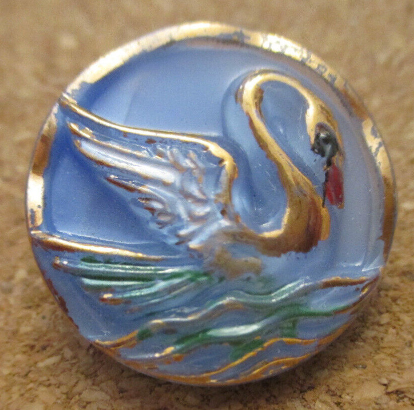 1 - Czech Glass 3D Multi-Colored Swan on a Round Blue Button #17 - 21.50mm