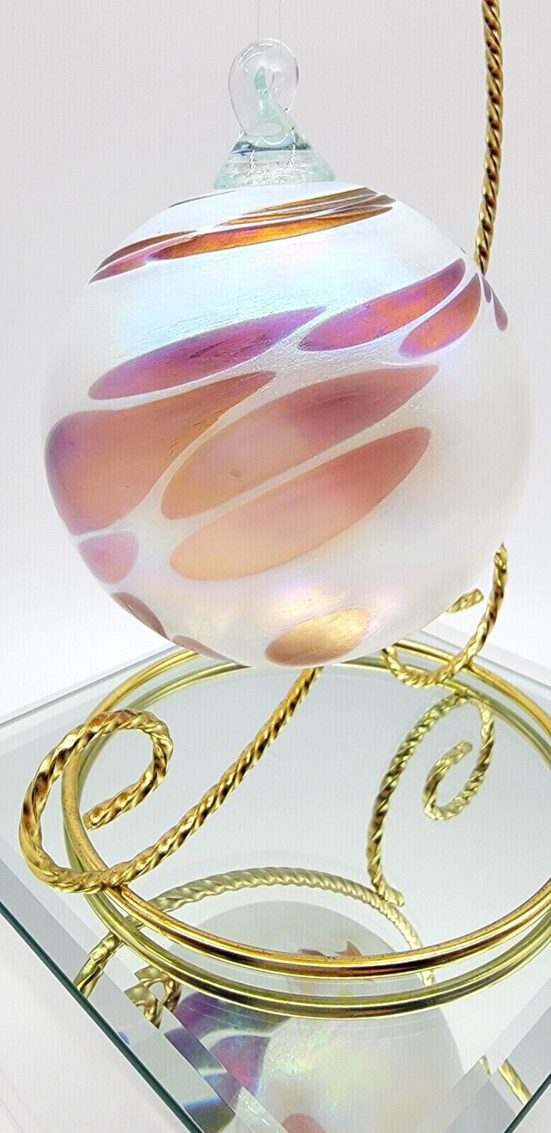 Hand Blown Glass Pink Mauve Pearlescent Feather Pattern Ornament