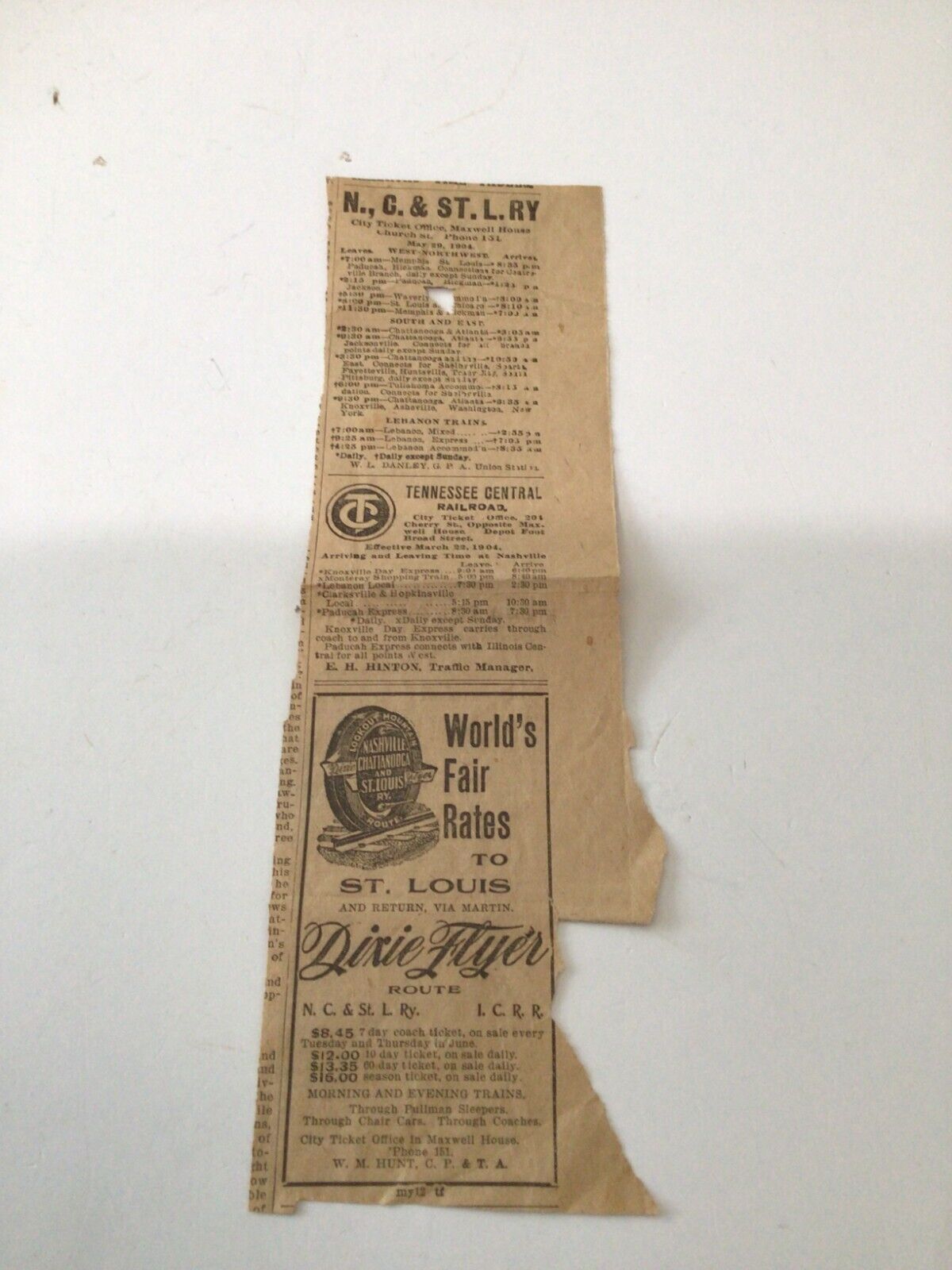 1904 Newspaper Train Schedules, N.C. & St. L. Ry. Tennessee Central World\'s Fair