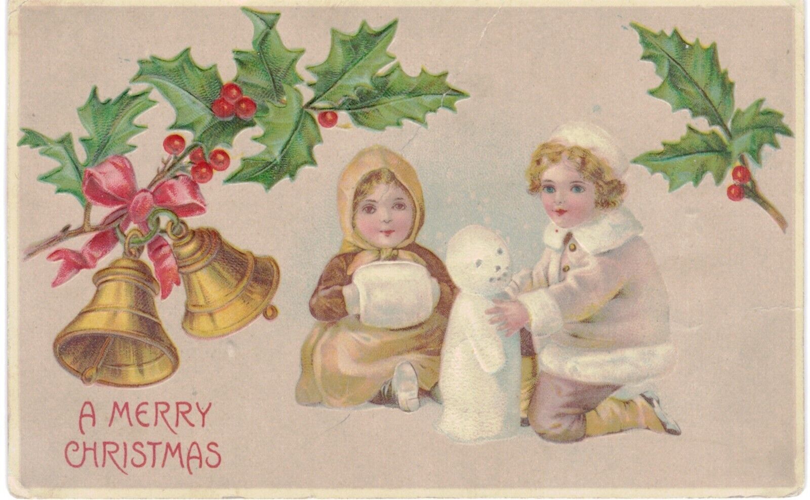 Merry Christmas Two Girls Make A Snowman Embossed 1910 