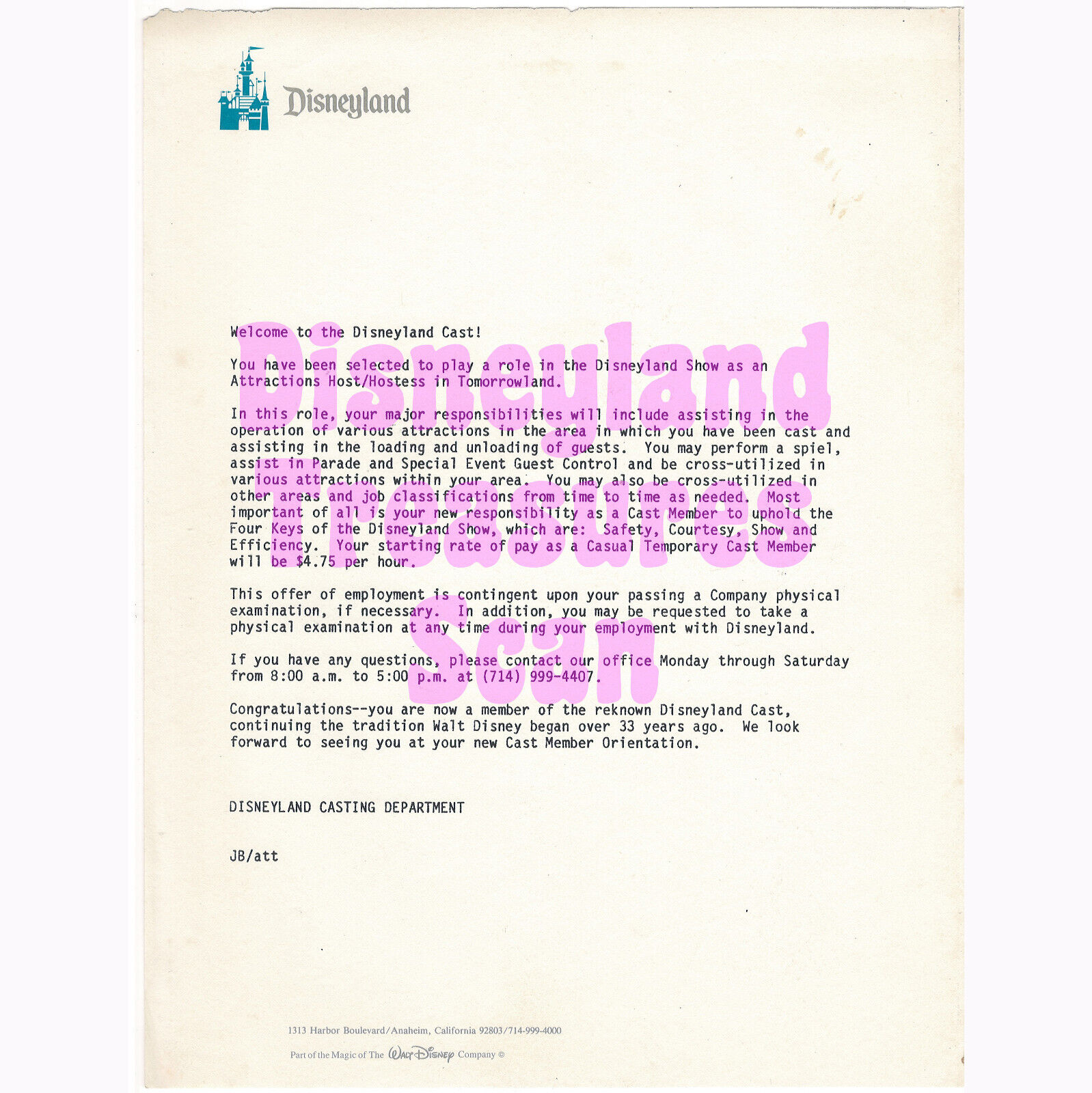 Vintage Disneyland Tomorrowland New Cast Member Welcome Letter 1989