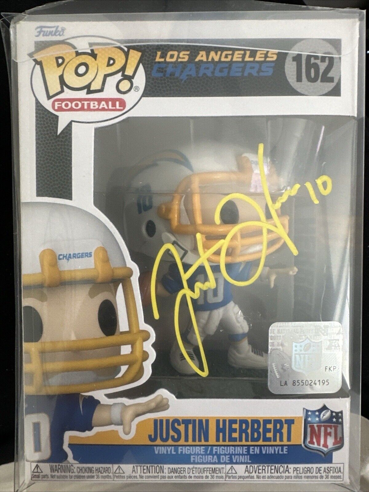 JUSTIN HERBERT SIGNED CHARGERS FUNKO POP #162 ENCAPSULATED (YELLOW INK)