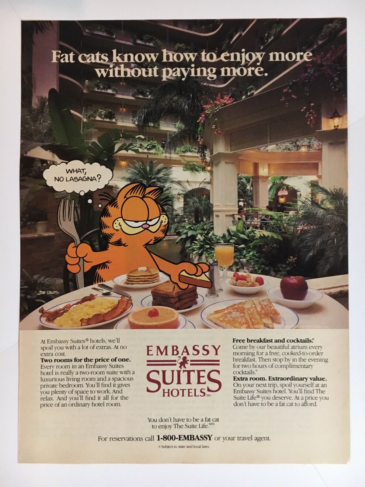 Garfield Embassy Suites 1987 Vintage Print Ad 8x11 Inches Wall Decor