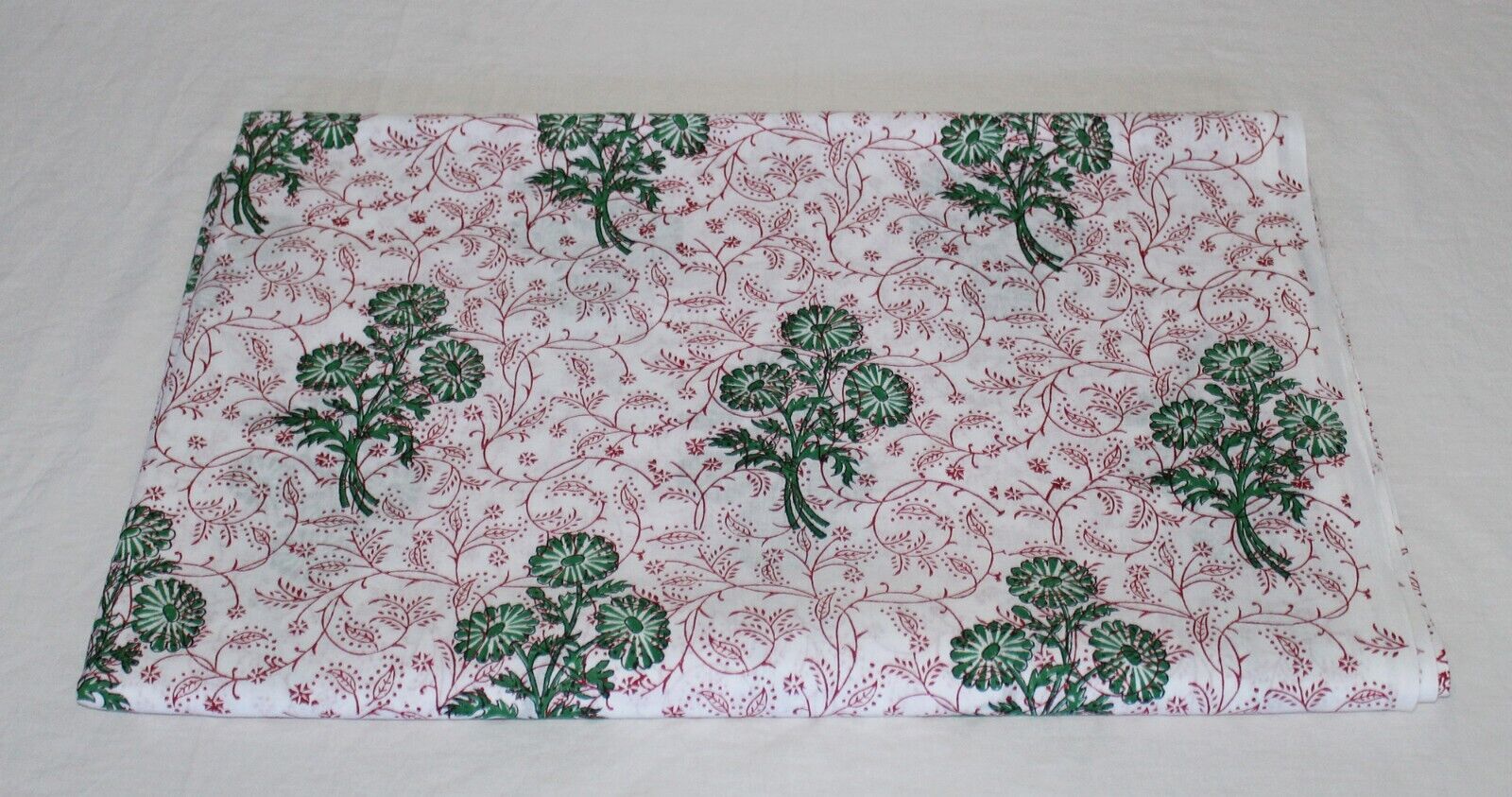 Indian Handmade Green Floral Red Printed Cotton Fabric Hand Block Fabric By Yard