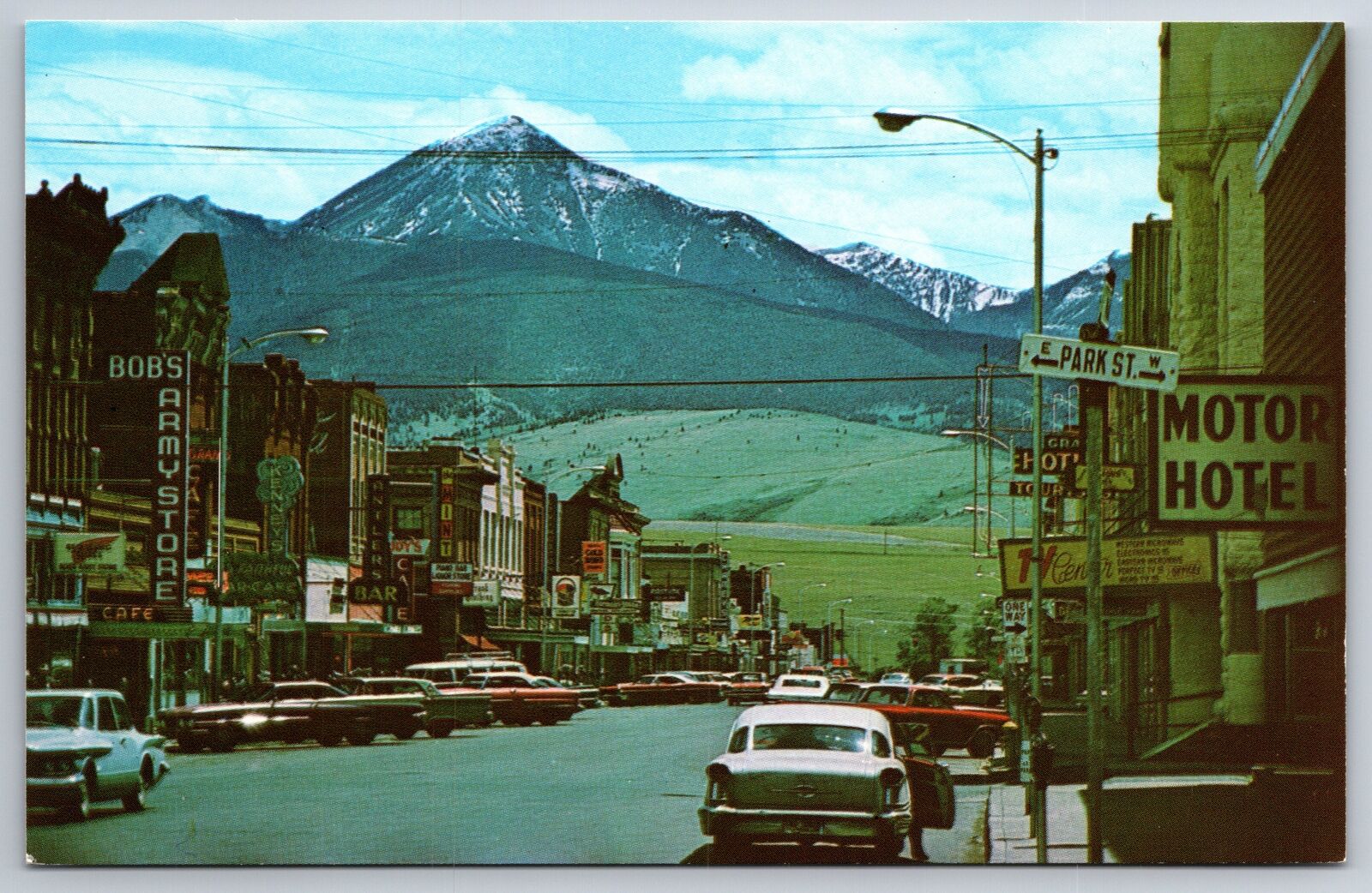 Livingston Montana~Main Street @ Park~Hotel~Mt Baldy Bkgd~1950s Postcard