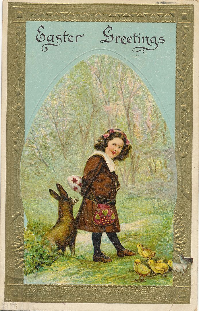 EASTER - Big Rabbit and Chicks Near Girl Easter Greetings Postcard - 1909