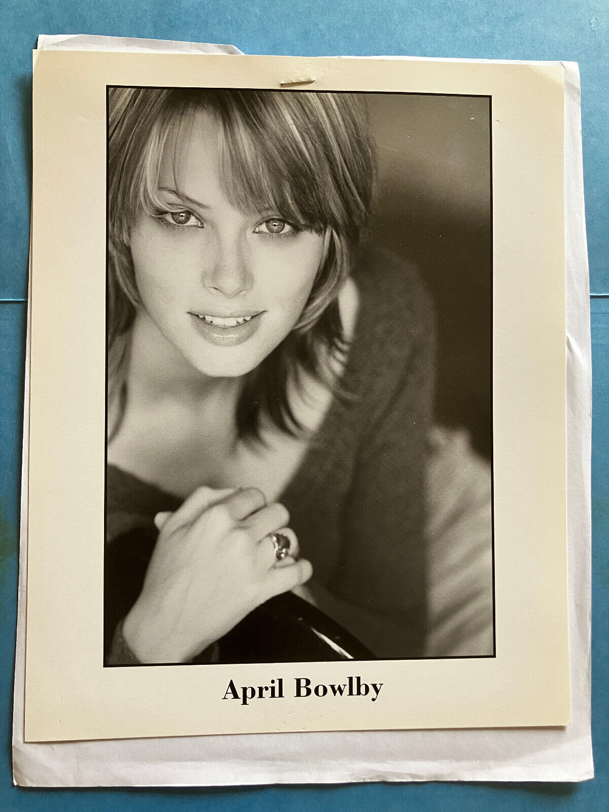 April Bowlby B&W , original talent agency headshot photo with credits