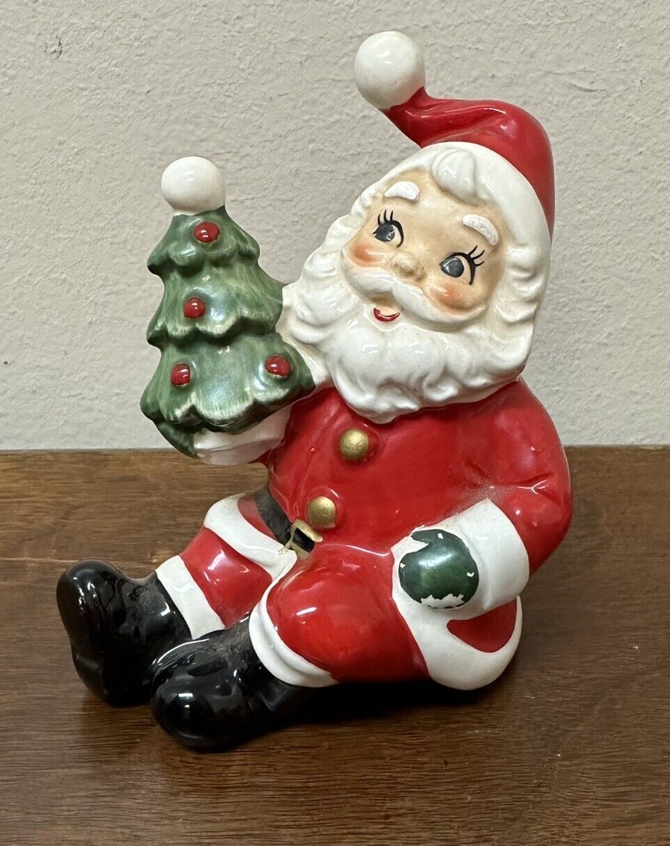 Vintage Christmas Santa Holding Tree Ceramic Figure Kitschy