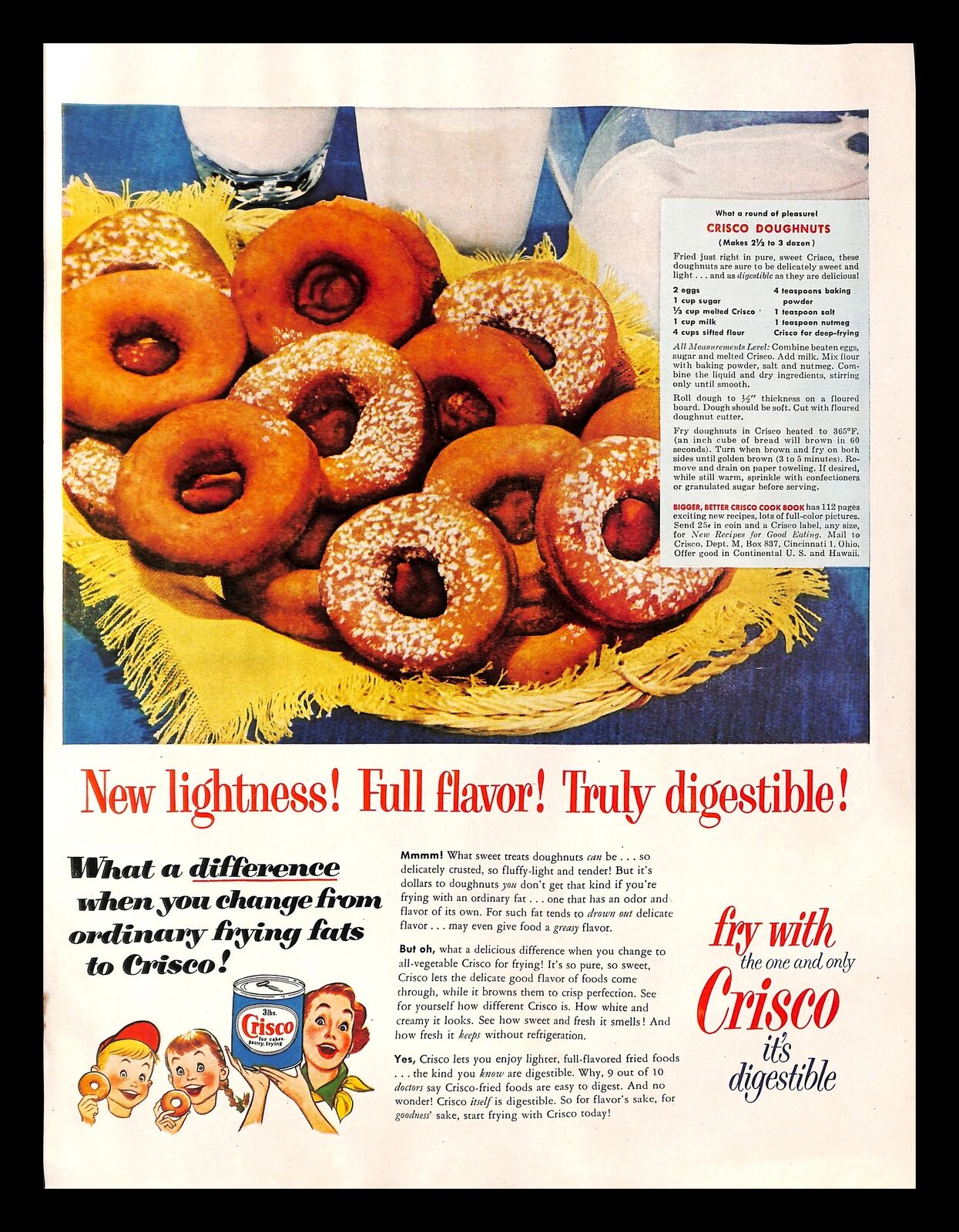 1952 Crisco Shortening Vintage PRINT AD Fried Foods Doughnuts Recipe Cooking 50s