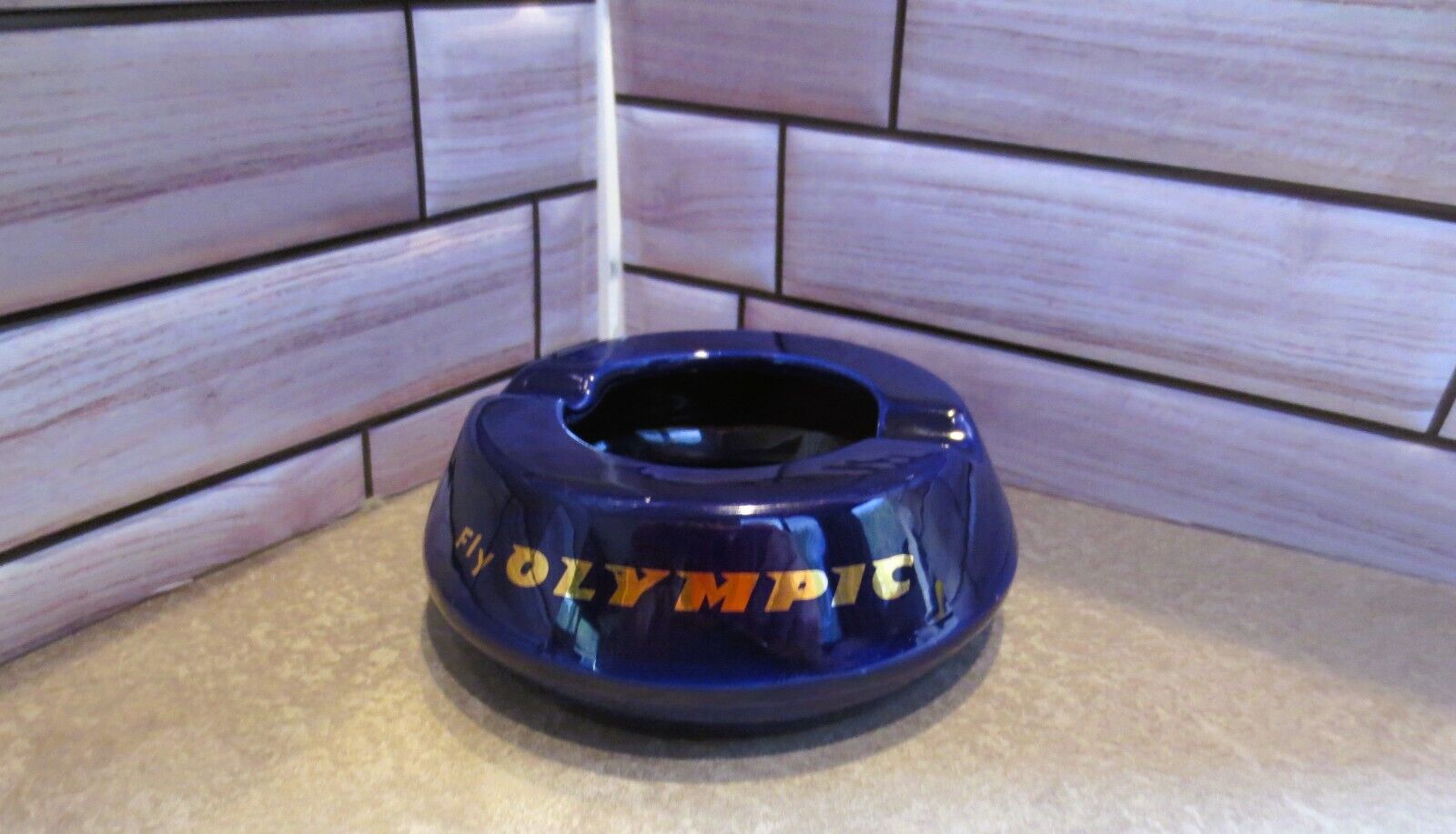 Vintage FLY OLYMPIC AIRLINES ASHTRAY Coronetti Cunardo ITALY Blue & Gold RARE