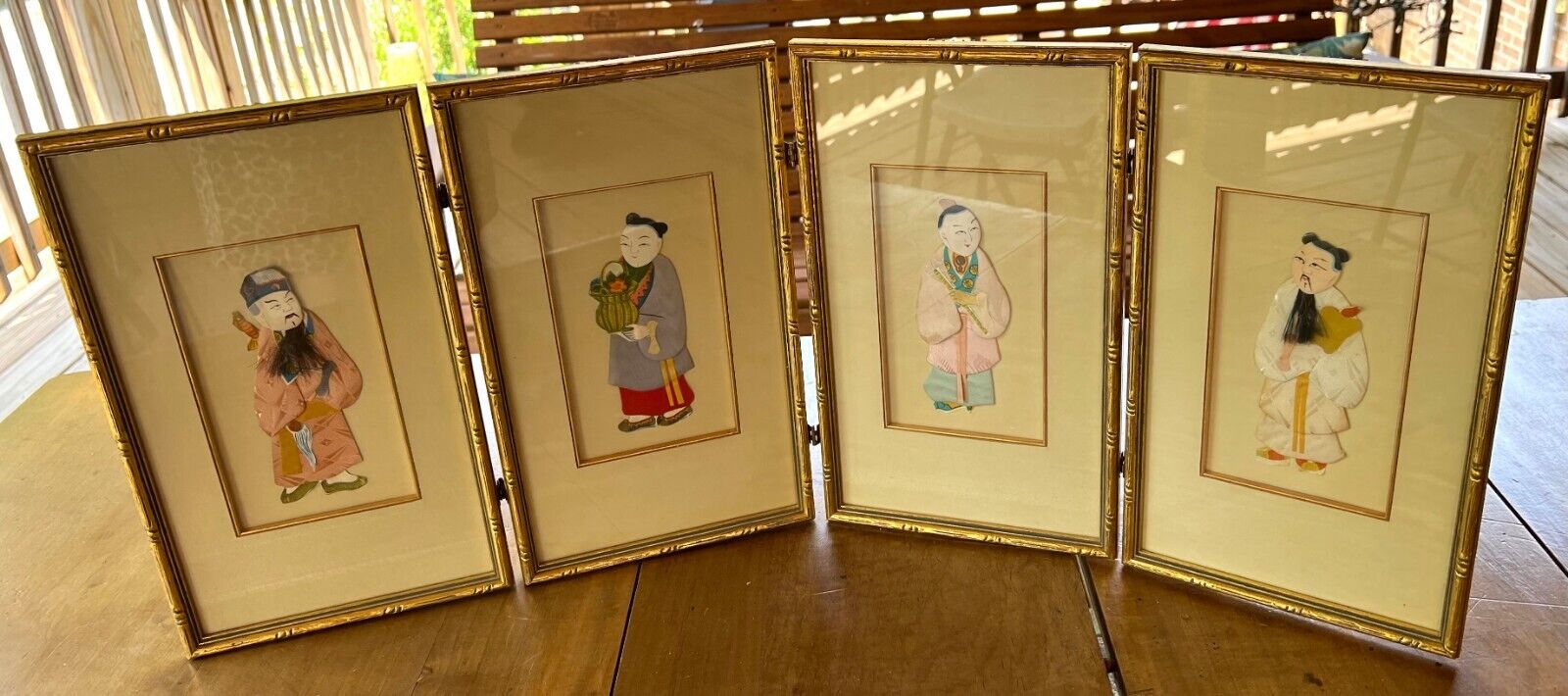 Handmade Paper and Fabric Chinese Paper Dolls Set of 4 Framed