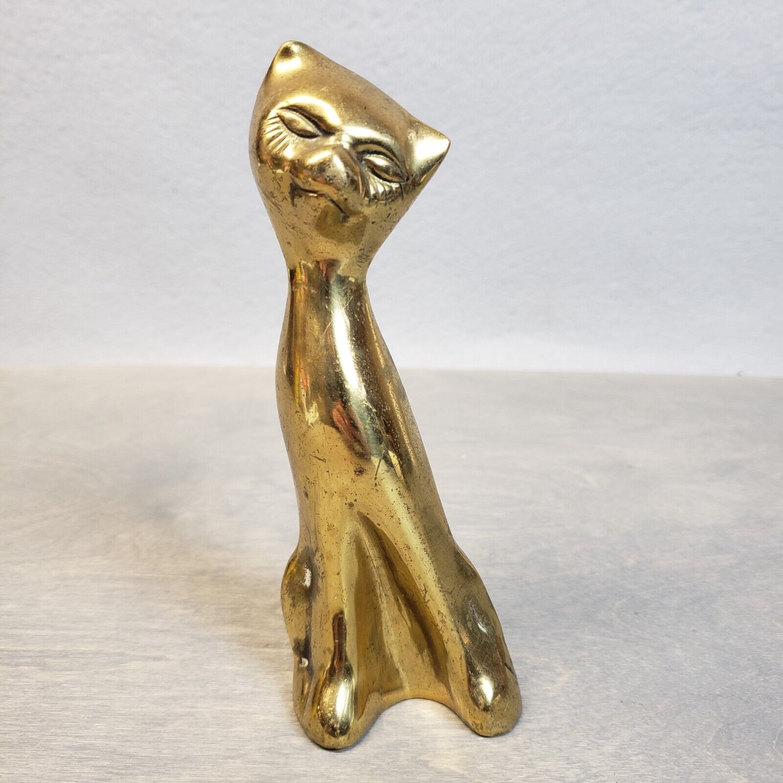 Vintage Brass Alley Cat Figurine 6 Inches Tall Siamese Cat Statue