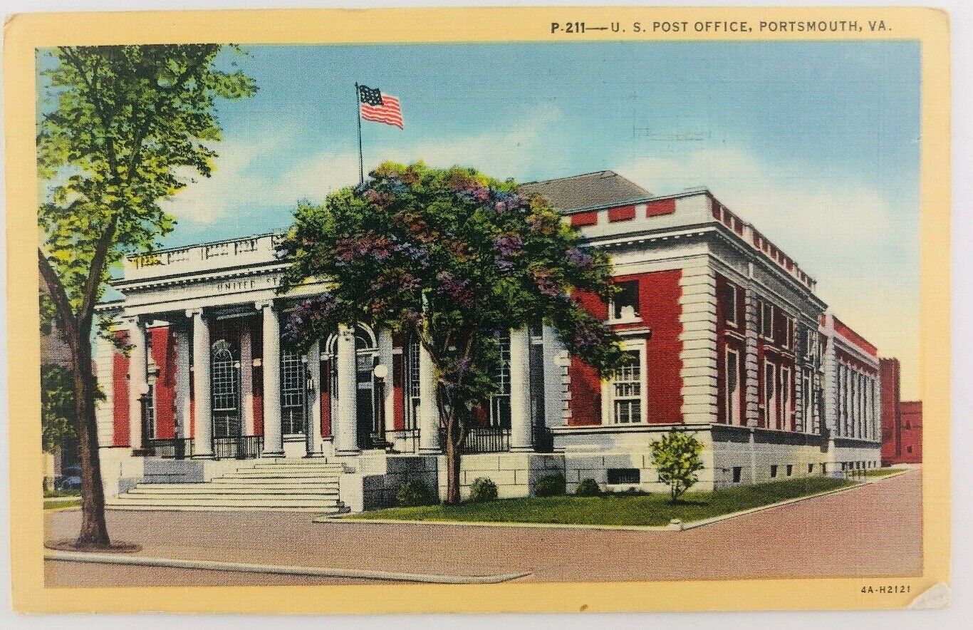 Vintage Portsmouth Virginia VA U.S. Post Office Linen Postcard 1948