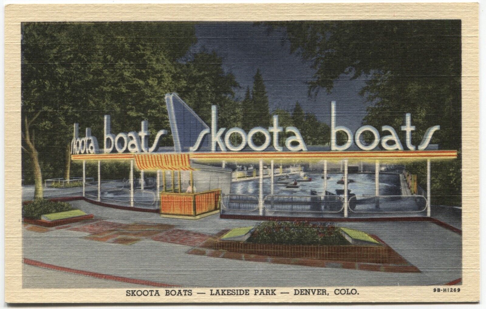 Postcard Linen Amusement Park Lakeside Park, Denver, CO, Skoota Boats