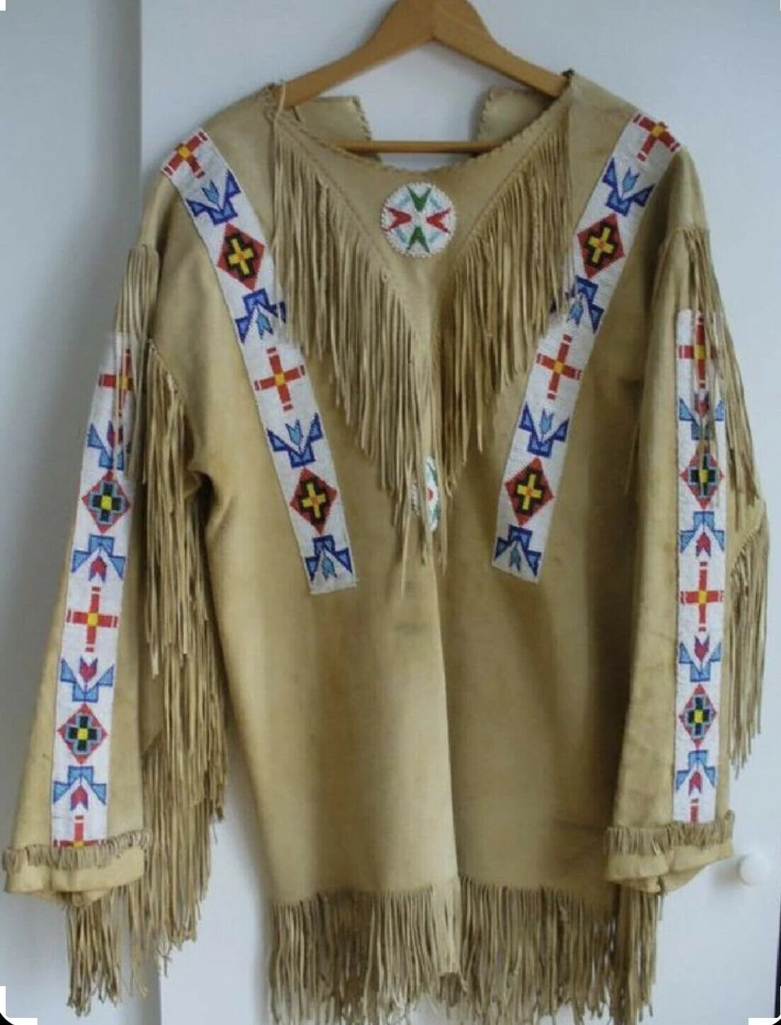 Old Antique Style Handmade Beige Buckskin Suede Leather Fringes Beaded War NW3