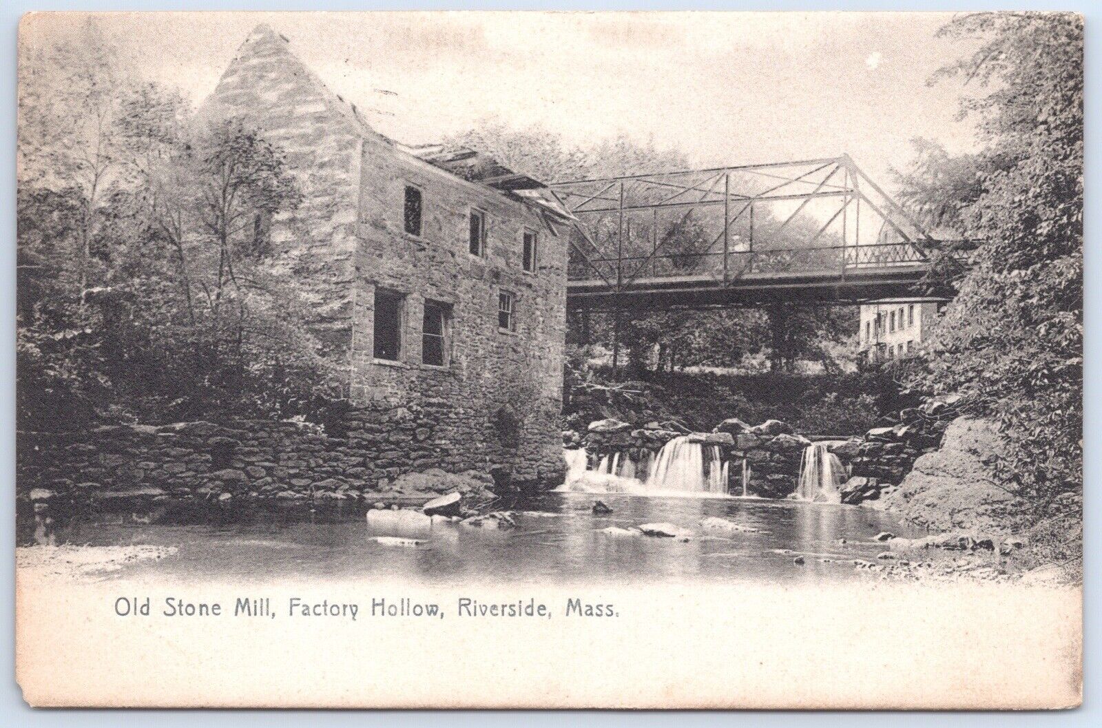 MA Riverside antique postcard OLD STONE MILL FACTORY HOLLOW MASS Posted 1910