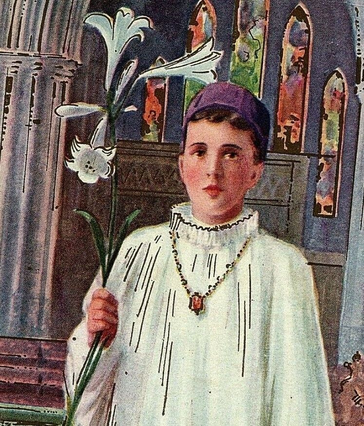 c1910 Easter Alter Postcard Boy Holding Lilies Antique Religious Vintage Purple 