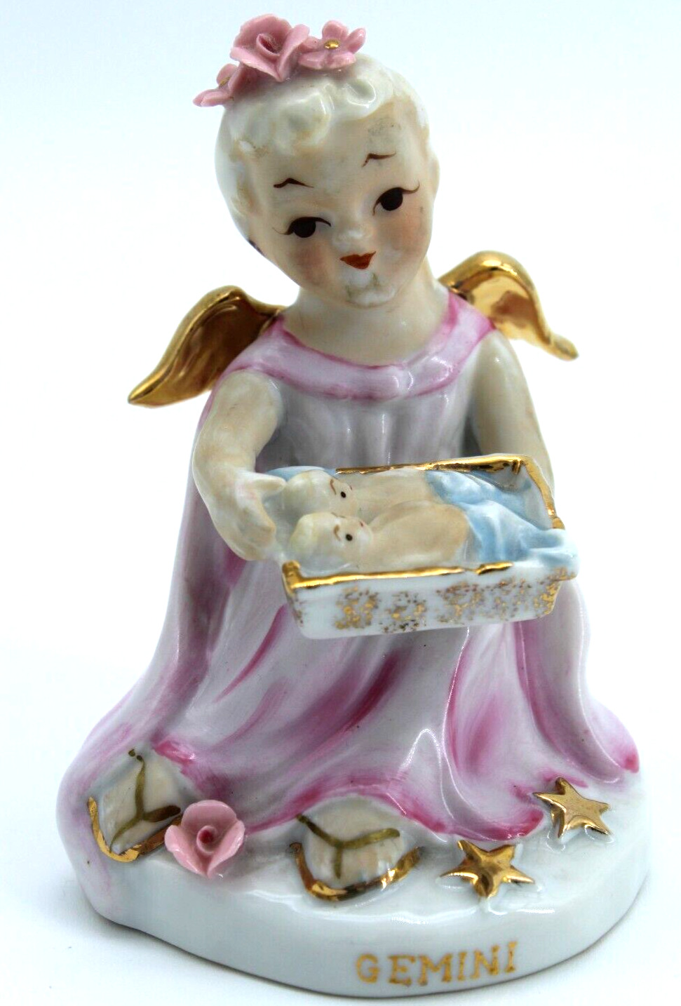Vintage Gemini Lefton Figurine Zodiac (K8650)Horoscope Astrology Girl Angel Pink