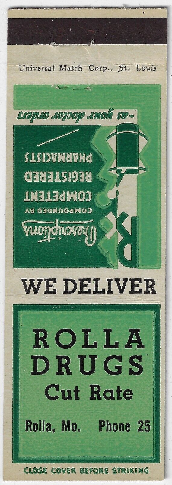 Rolla Drugs Cut Rate Phone 25  FS Empty Matchbook Cover
