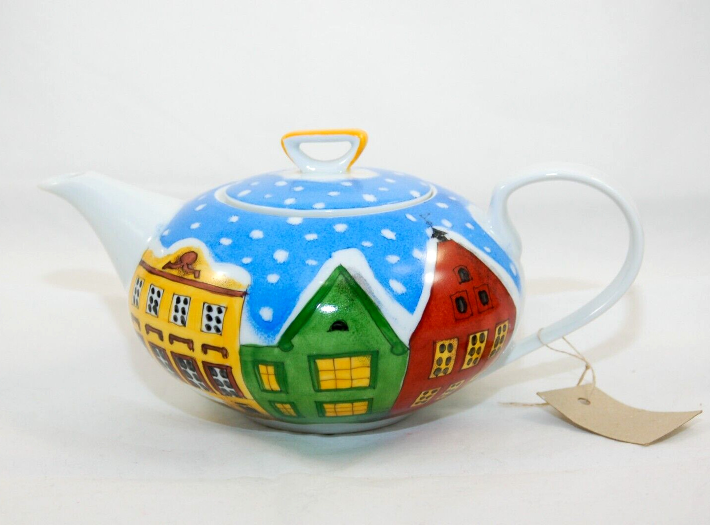 Winter Village hand painted tea pot ceramic with lid Helina Tilk Estonia