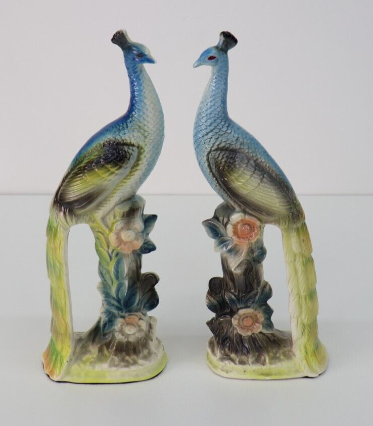 Vintage Mid Century MCM Lusterware Ceramic Peacock Figurines Hollywood Regency 