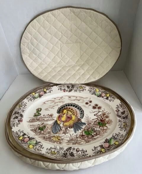 Vintage 1950’s Japan Turkey Platter Colored In Transfer 18”x 14” & Quilted Case