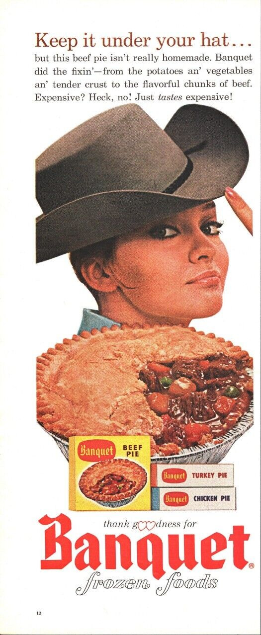 Vintage 1965 Banquet Frozen Foods Print Ad Beef Turkey Chicken Pot Pie Cowgirl