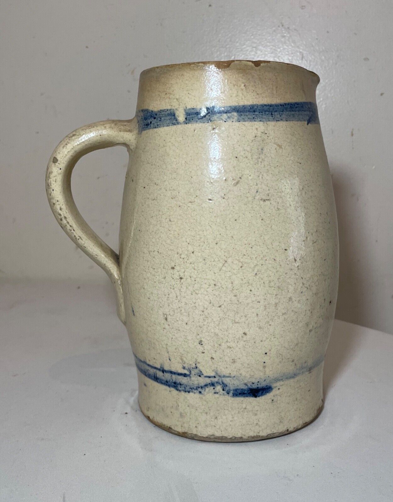antique 1800's handmade stoneware salt glazed pitcher pottery jug vase w/ handle