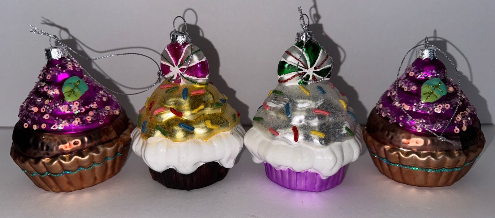 Four Glass Food Related Christmas Ornaments Sweets Cupcakes