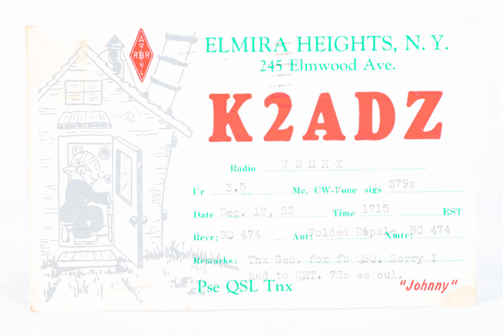1953 Amateur Ham Radio QSL Card Elmira Heights New York K2ADZ Johnny