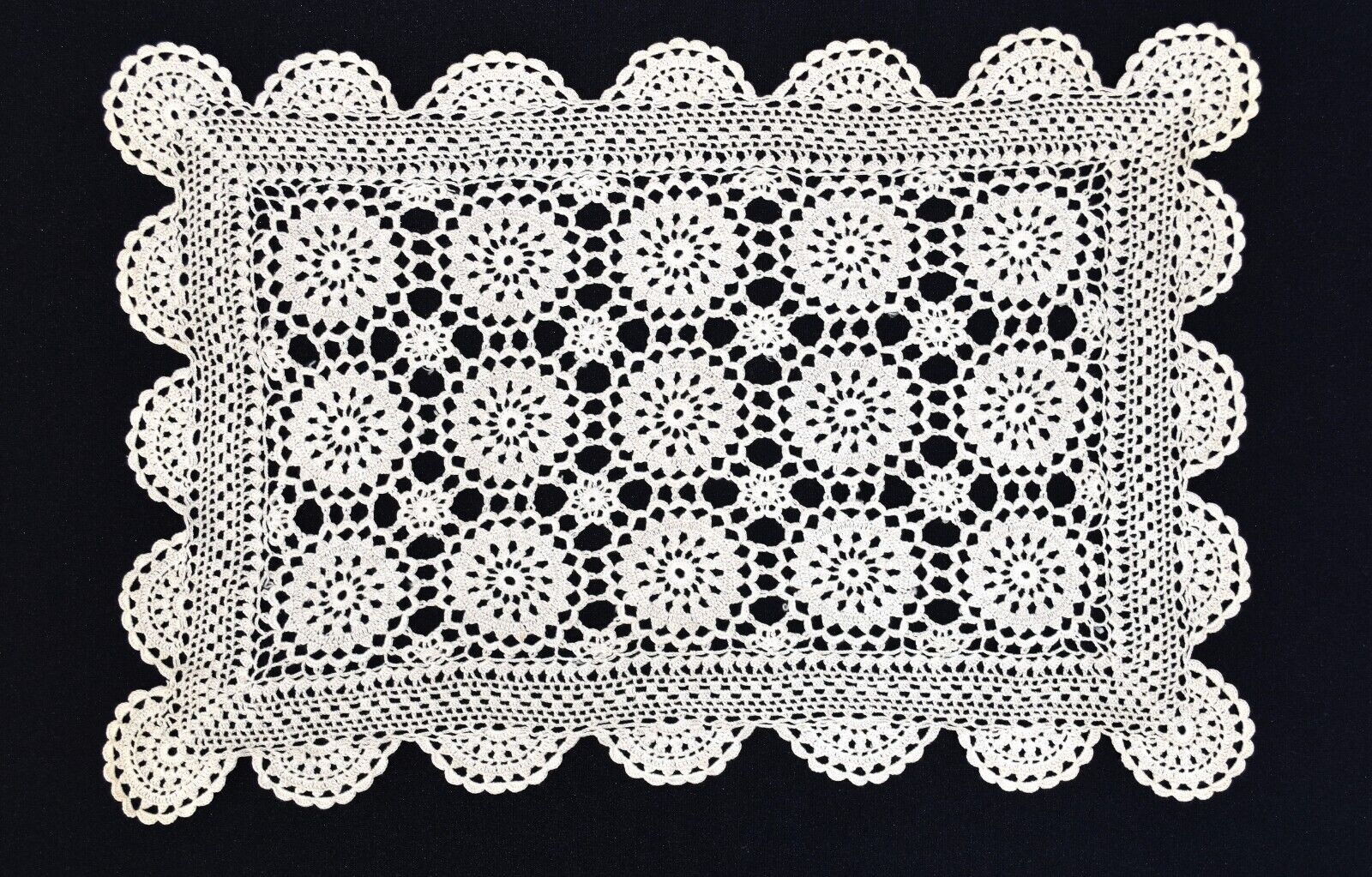 Vintage Ecru Floral Crochet with Floral Scalloped Border Table Runner 13 X 20