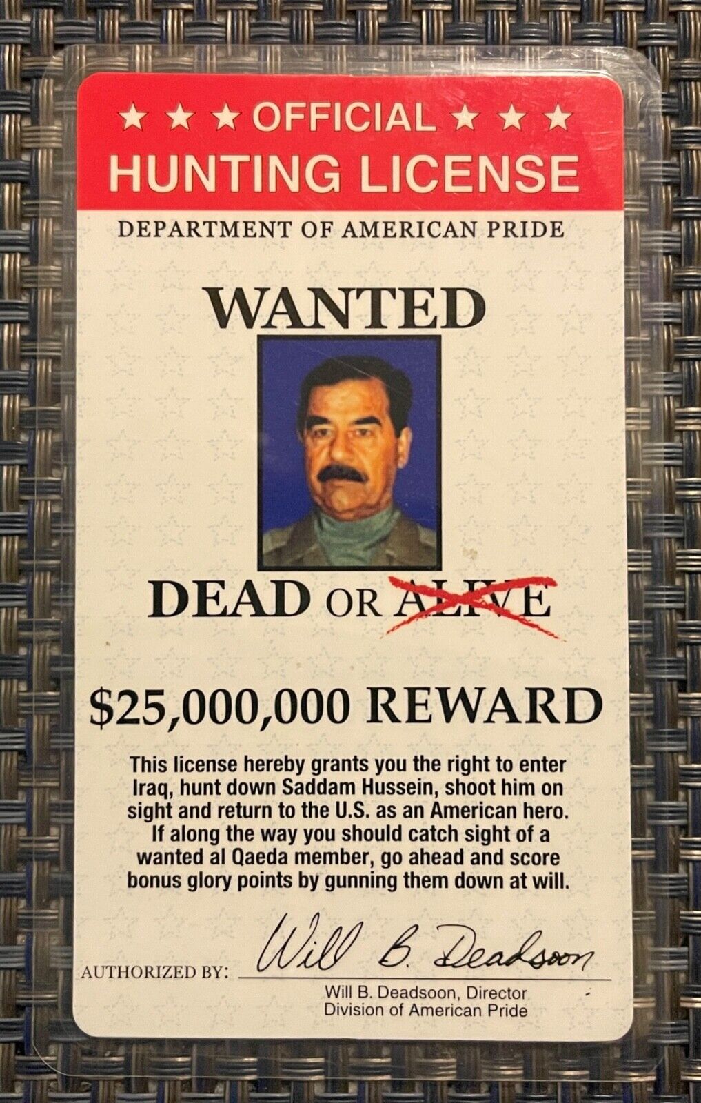 2003 Novelty Hunting License - Saddam Hussein, War on Terror, al Qaeda, USA