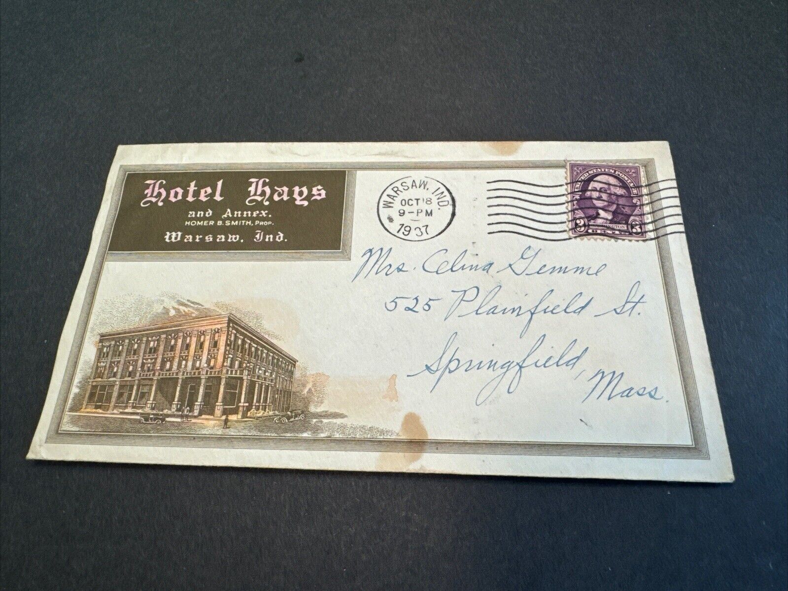 1937 Warsaw Indiana Hotel Hays envelope