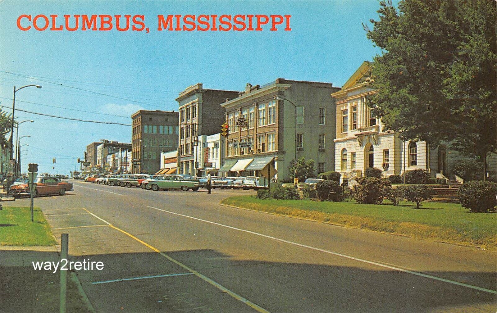Postcard MS Columbus Main Street Looking West IOOF Lowndes Co.Mississippi 1950s