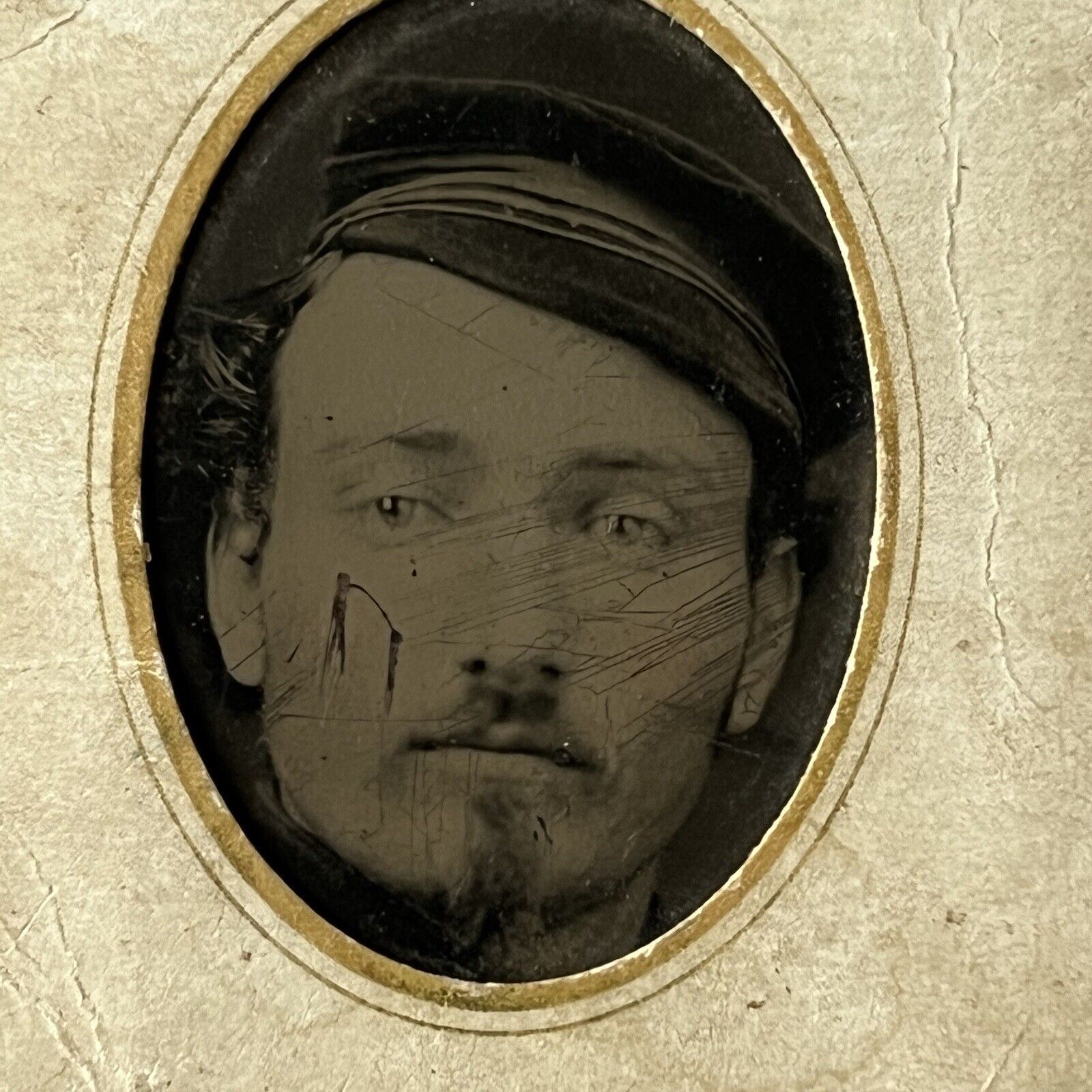 Antique Tintype Photograph Handsome Man Cap Sailor? ID James Wilson Shaw