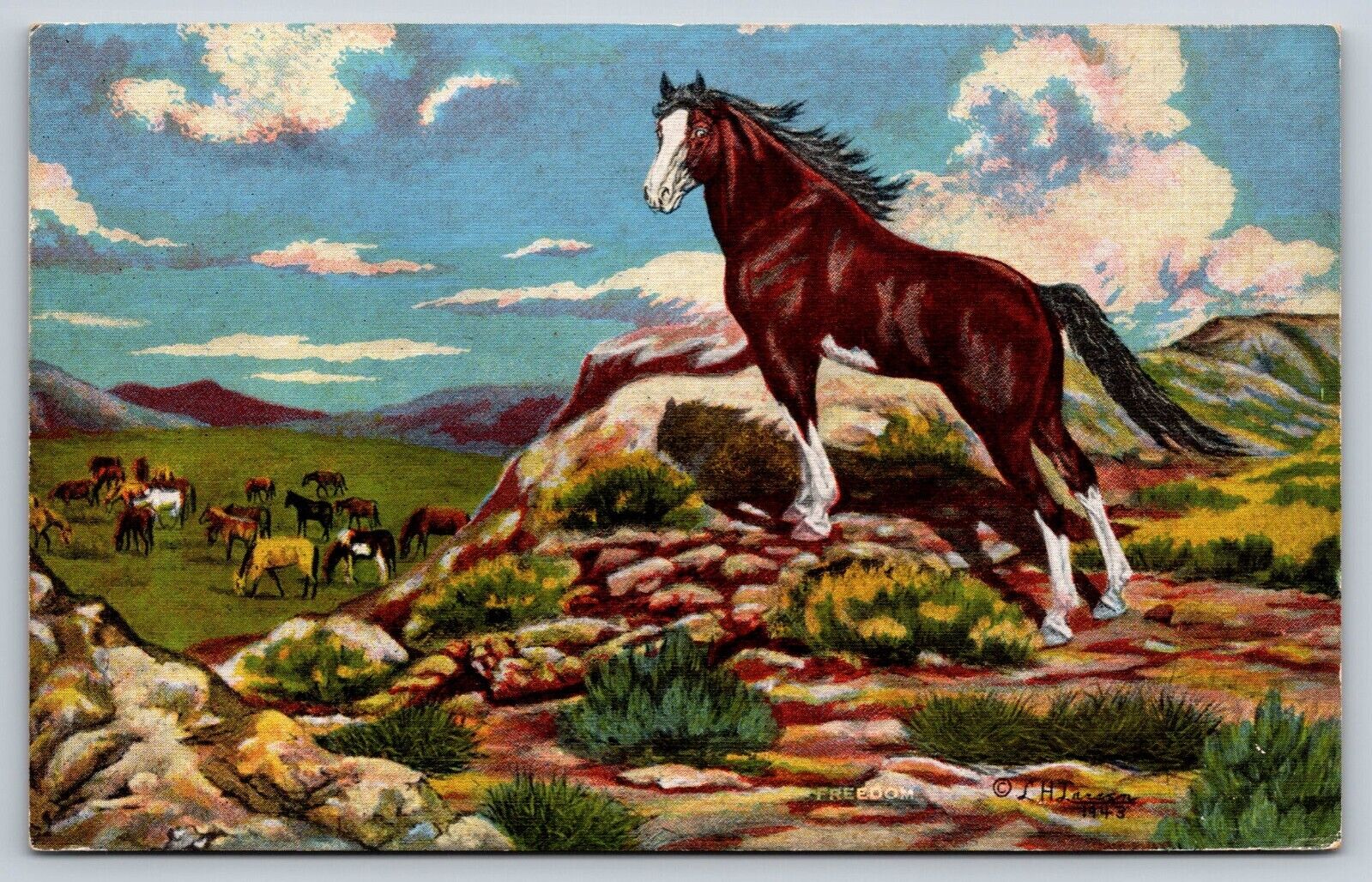 Freedom Painting By LH Dude Larsen Postcard 1943 Artist Signed Horses