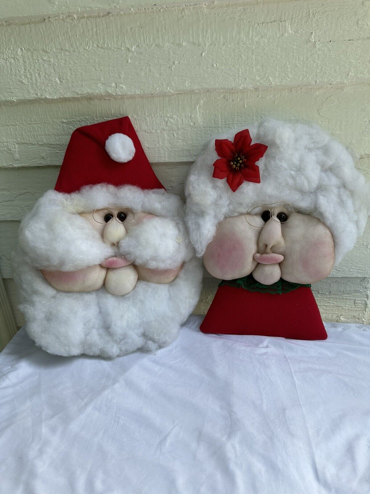Handmade Pantyhose Face Santa & Mrs.Claus Wall Hanging Christmas Decor Vintage