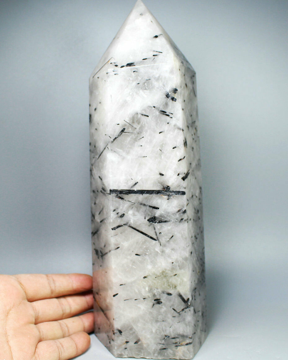 7.71lb Natural Clear Black Tourmaline Quartz Crystal Obelisk Wand Point Healing