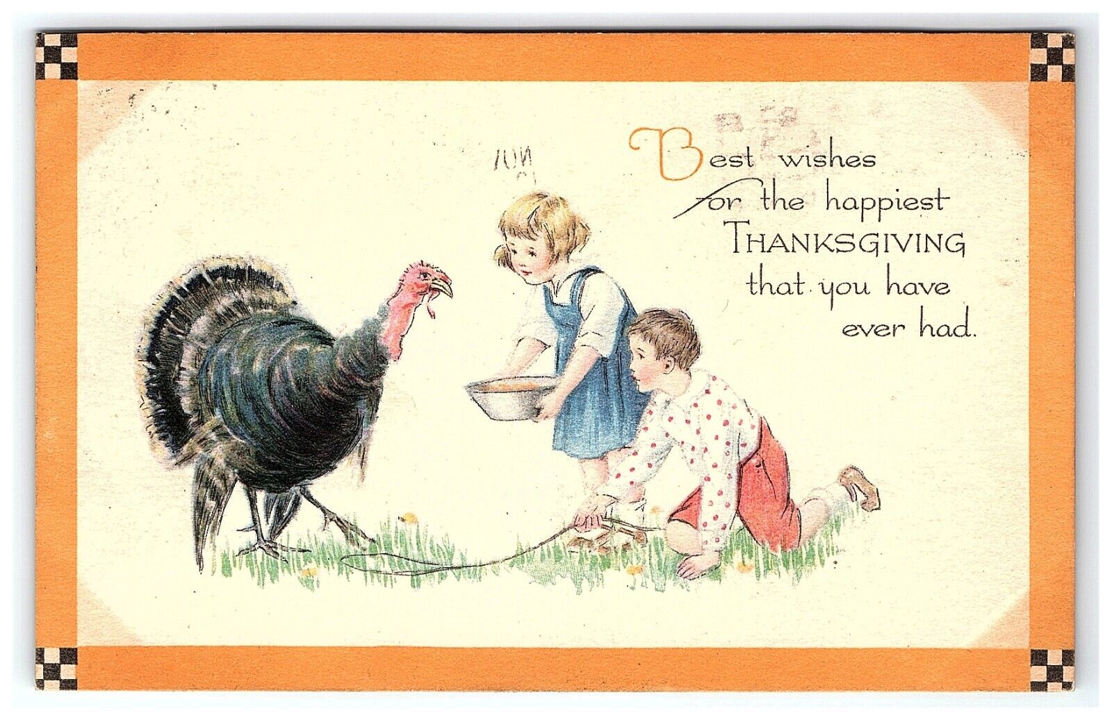 c1921 Thanksgiving Gibson Postcard Turkey Art Boy Girl Feeding Best Wishes