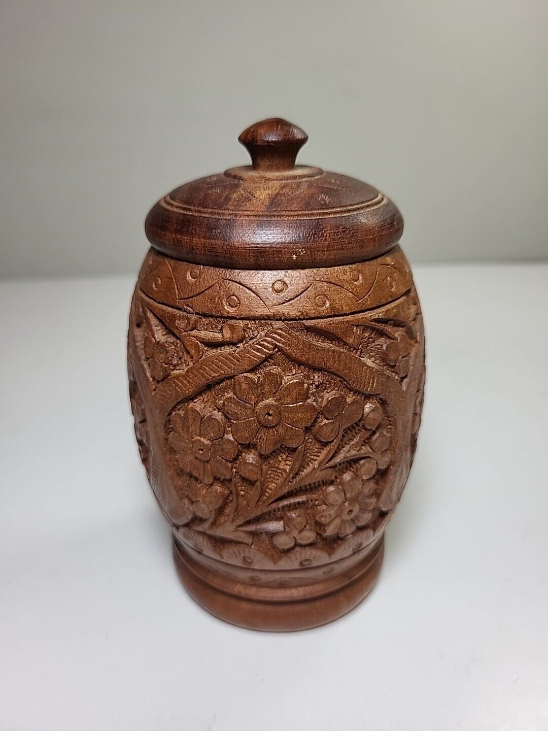 Vintage Hand Carved Wooden Jar Cup Flower Design 5.5”x3” India Spice Urn