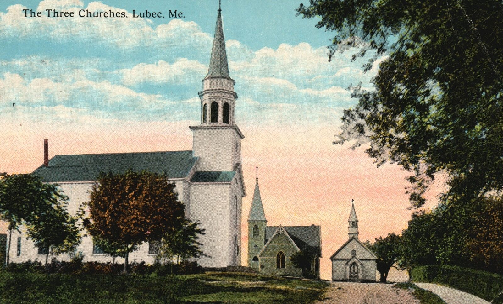 1915 The Three Churches Lubec Maine ME C.T. Photochrom Pub. Vintage Postcard